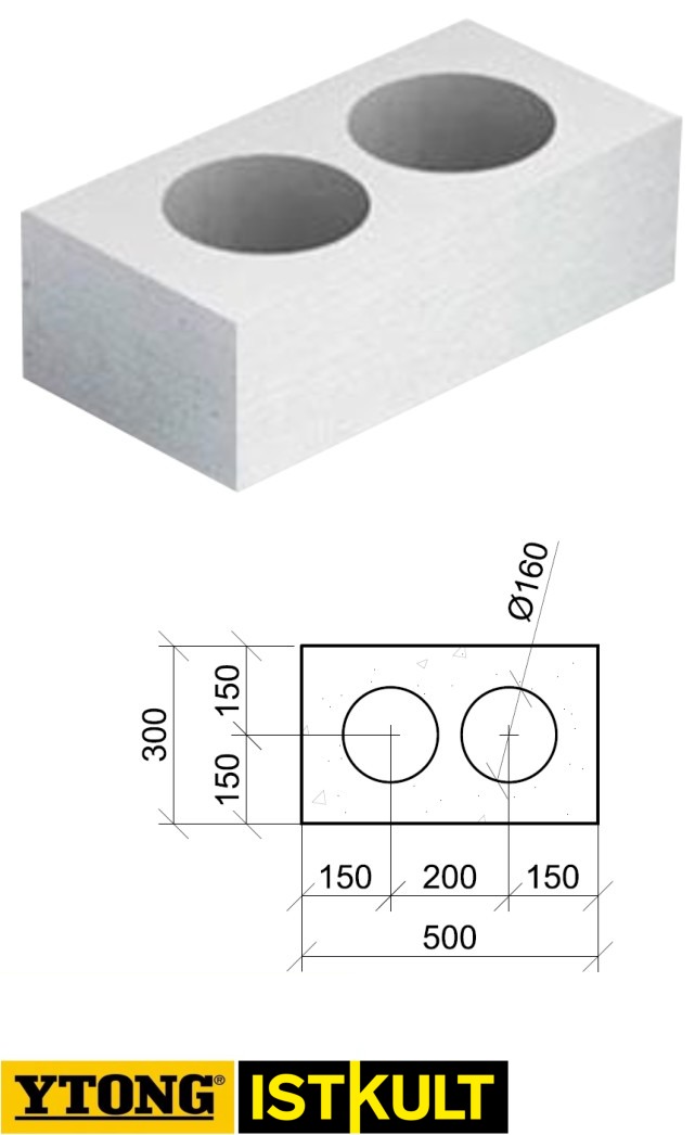 Блок газобетонный Ytong О-блок 2-пустотный D500кг/м3 500*300*250 2d=160мм В3,5
