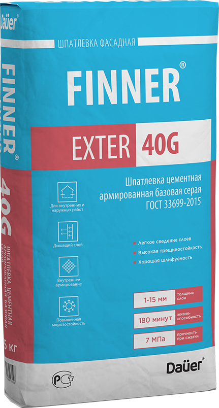 FINNER® EXTER 40 G ЗИМА Шпатлевка цементная армированная базовая серая 25 кг DAUER